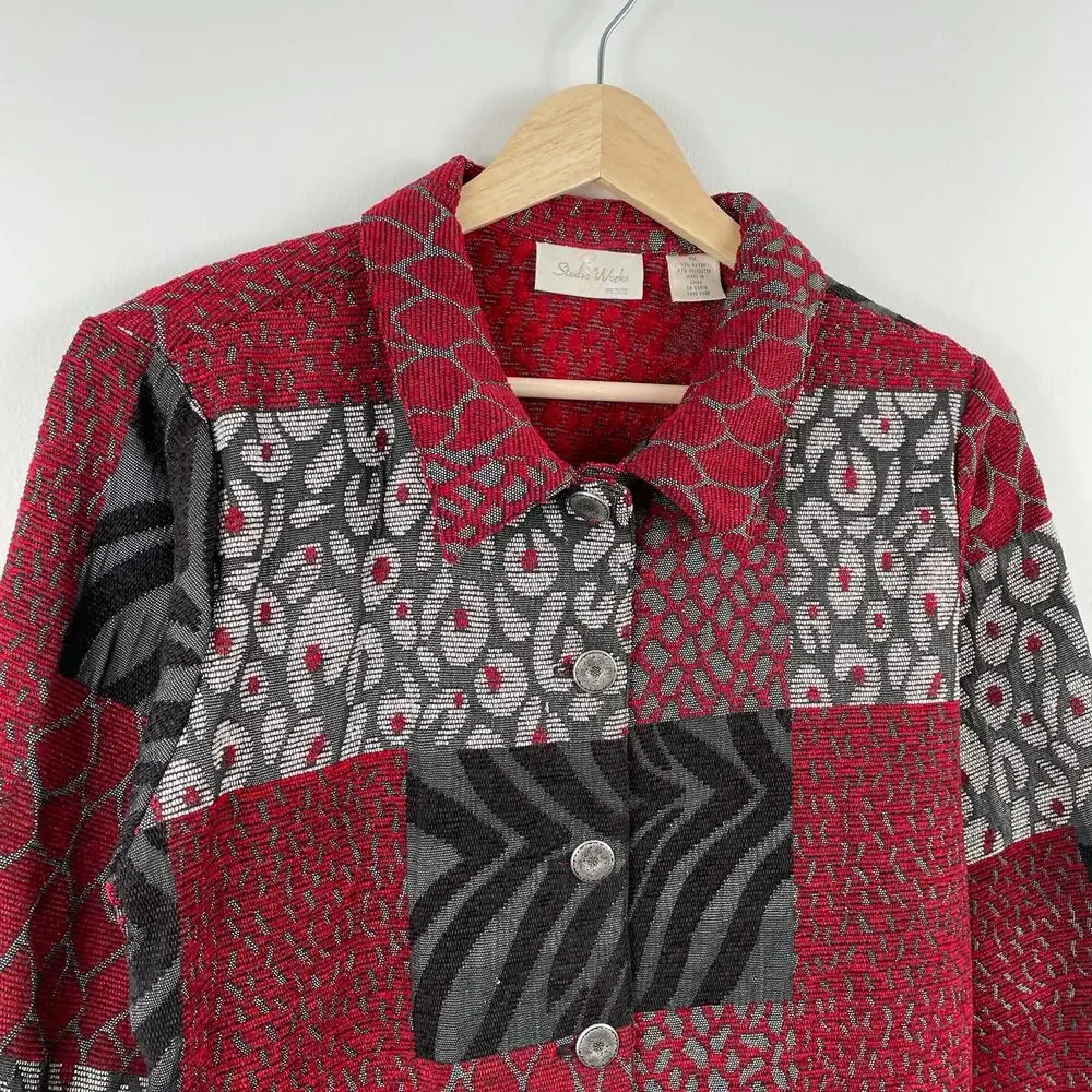 Vintage 90s Patchwork Tapestry Shacket Red Black Abstract Retro - Size MP
